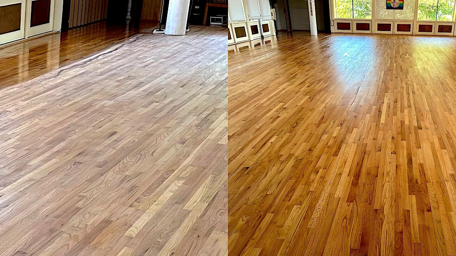 Church hardwood floor before and after refinishing